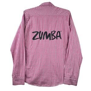 Zumba Wear Lovely Plaid Button Down Shirt Mens M Check Long Sleeve Spell Out Red